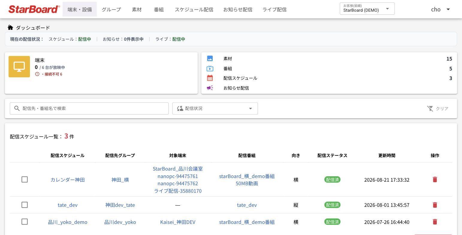 サイネージ配信プラットフォーム - 配信状況と端末稼働のダッシュボード
